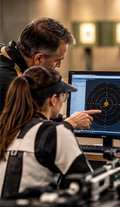 Coach instructing a shooting athlete