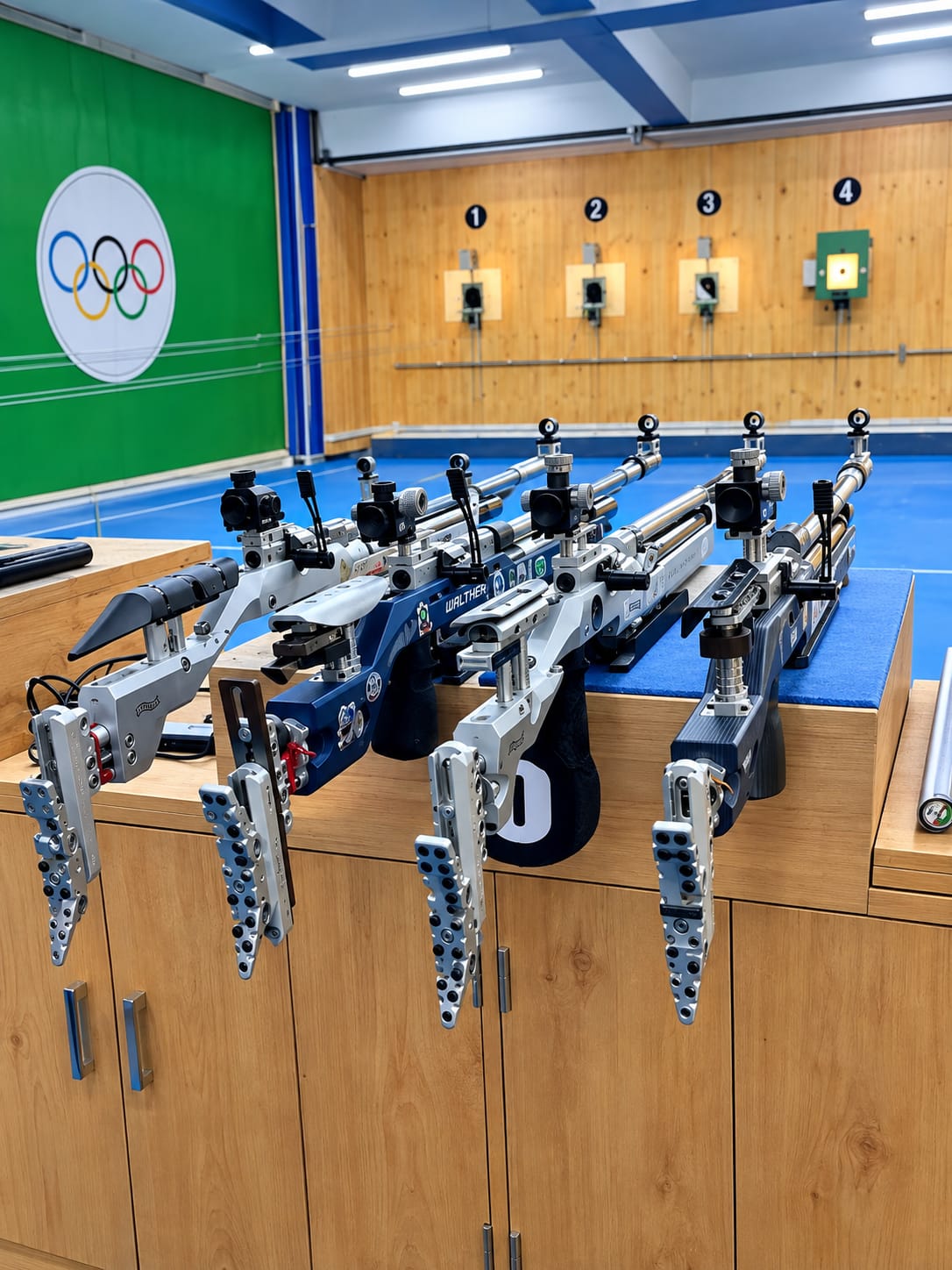 Air rifles at a range with Olympic logo